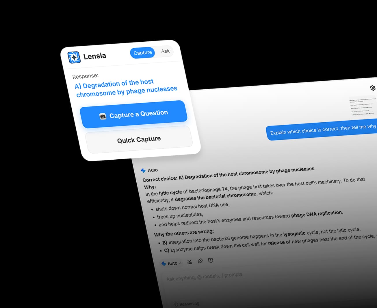 Lensia reading a question on screen and showing an explained answer